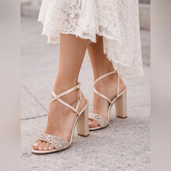 Badgley Mischka Shoes - Badgley Mischka Rose Gold Jeweled Ankle-Strap Heels